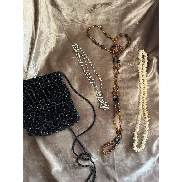 Black Beaded Drawstring Evening Bag Prom Formal 20s Flapper Accessory Purse READ - Picture 10 of 16